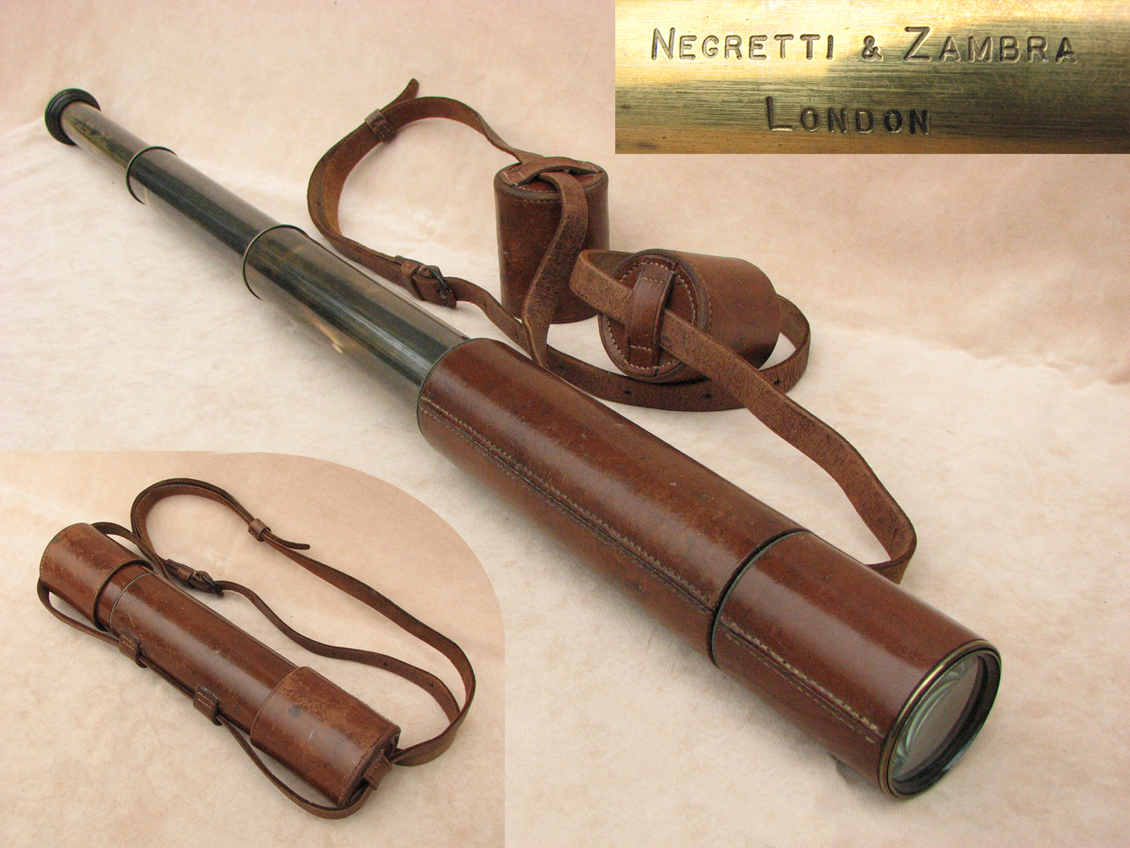 Negretti & Zambra 3 draw leather clad field telescope